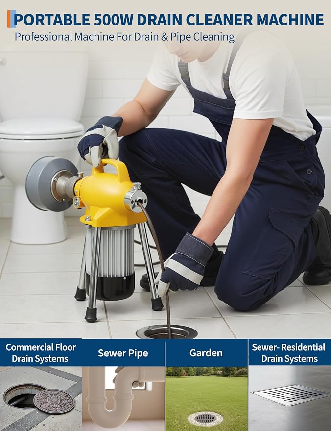 Portable Drain Cleaner Machine, Electric Sewer Snake Drain Auger with 66FT x 5/8" & 16FT x 3/8" Steel Cables and 7 Cutters, 500w Power Drain Cleaner Machine Auto Feed Pipe Snake for 3/4" to 4" Pipes