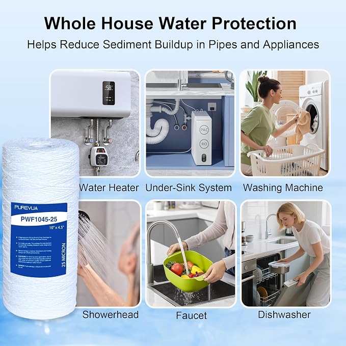 25 Micron 10"x4.5" String Wound Sediment Filter, Whole House Water Filter Cartridge for Well Water, Compatible with WP5BB97P, RS22, SWC-45-1005, Fits Standard 10" Big Housings, 4 Pack