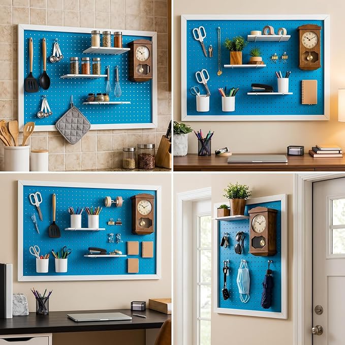 Weysat 36 x 24 Inch Framed Wood Pegboard Wall Organizer, Large Blue Decorative Peg Board Kit with 3 White Shelves and 18 Accessories, Wall Mounted Craft Storage Display for Room, Office, Sewing Room