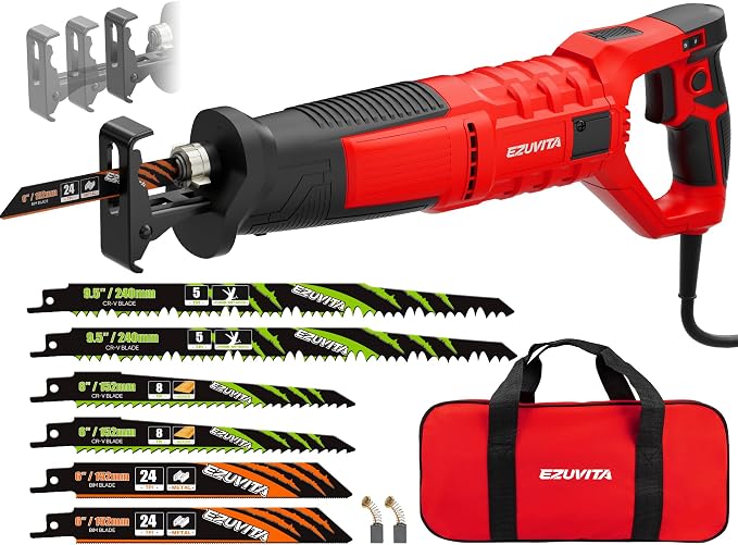 7 Amp Corded Reciprocating Saw for Wood, Metal, PVC & Tree Pruning, 1-1/8" Stroke Length & 2800 SPM, 6-Speed Dial, 180° Rotating Handle, Adjustable Pivoting Front Shoe, 6 Blades & Bag Included