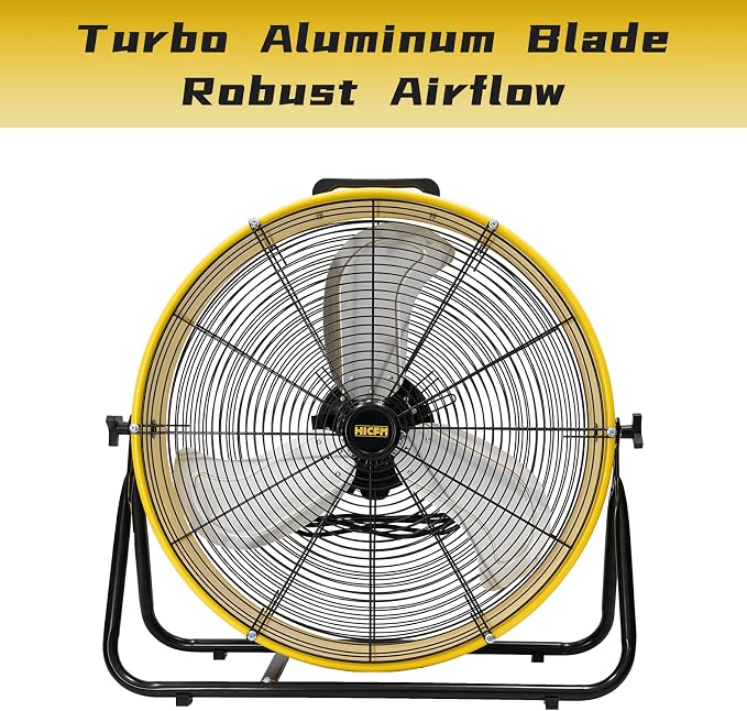 HiCFM 8200 CFM 24 inch Portable High Velocity Drum Fan With Powerful 1/3 HP Motor, Turbo Blade, 3 Speed Low Noise Design and 9ft Power Cord for Air Circulation, Convenience - UL Listed