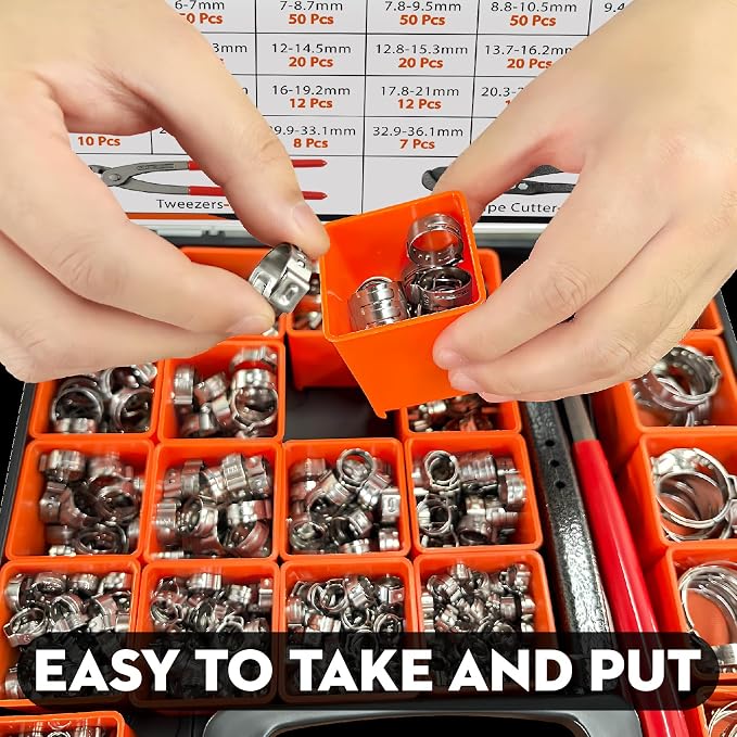 560PCS 304 Stainless Single Ear Hose Clamps Kit for PEX & Auto | 22 Sizes (5.3-36.1mm) with Pro Crimp Tool,360° Leak-Proof & Vibration-Resistant for Plumbing,Marine,and Fuel Lines