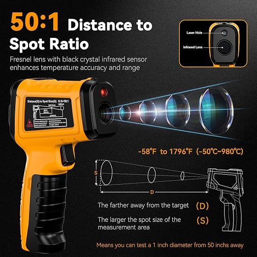 50:1 Infrared Thermometer IR Laser Gun, -58°F to 1796°F, Digital Temperature Gun/K-Type Probe -4°F to 932°F & Humidity Sensor for Cooking, Pizza Oven BBQ HVAC Home-Industrial Use