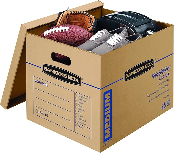 Bankers Box Medium Classic Moving Box 20 Pack, Reinforced Handles, Tape-Free Assembly, Box with Lid, 19" x 14.5" x 15.5", Cardboard
