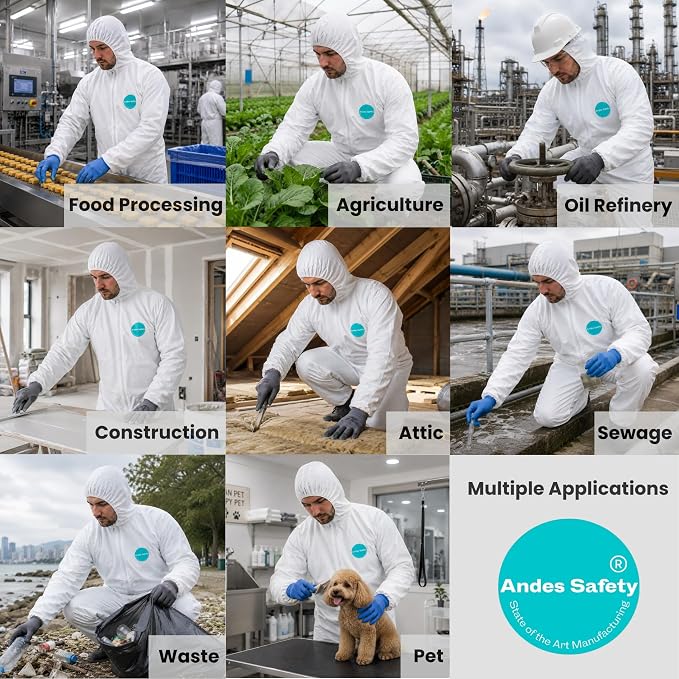 Andes Hazmat Suits, Protective Coveralls with Attached Boots, Heavy Duty Full Body Disposable Painters Suits, Lab Coveralls
