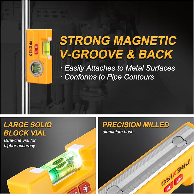 PREXISO 2-in-1 Line Laser Level - Mini Torpedo Level with Light, 3-3/4 inch 90°/180° Magnetic Pocket Level & 30Ft Laser Line Leveler Tool for Hanging Picture, Wall Marking Painting, Home Renovation