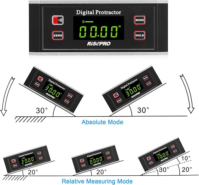 Inclinometer, RISEPRO® Digital Protractor Angle Finder Level Inclinometer Magnetic V-Groove 0~360 degree with Backlight 82413B