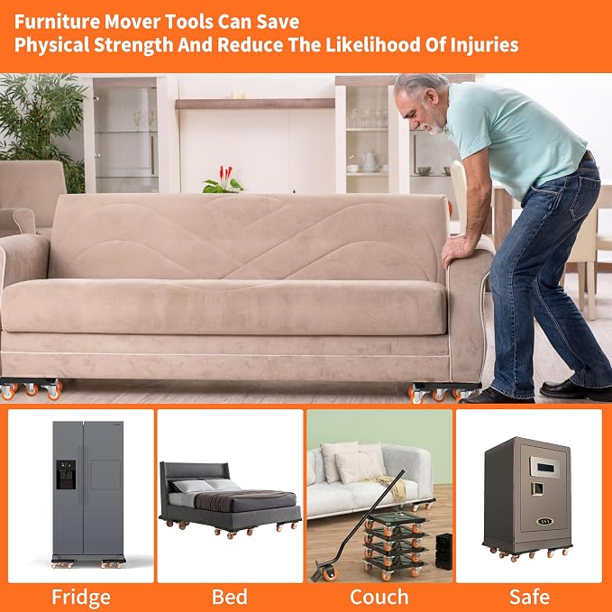 Heavy Duty Furniture Dolly 360° Rotating 5 Orange Wheels, Alloy Steel Furniture Movers Up to 3000 lbs/1360 Kg Load Capacity with Measure Tape and Leveler (5.3x5.3 in)