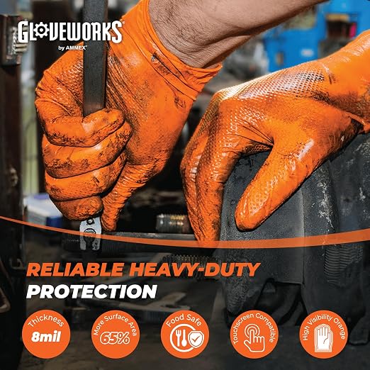 GLOVEWORKS 8 Mil Orange Nitrile Disposable Gloves Heavy Duty Industrial RDT for Mechanic and Automotive, Large 2 Boxes of 100