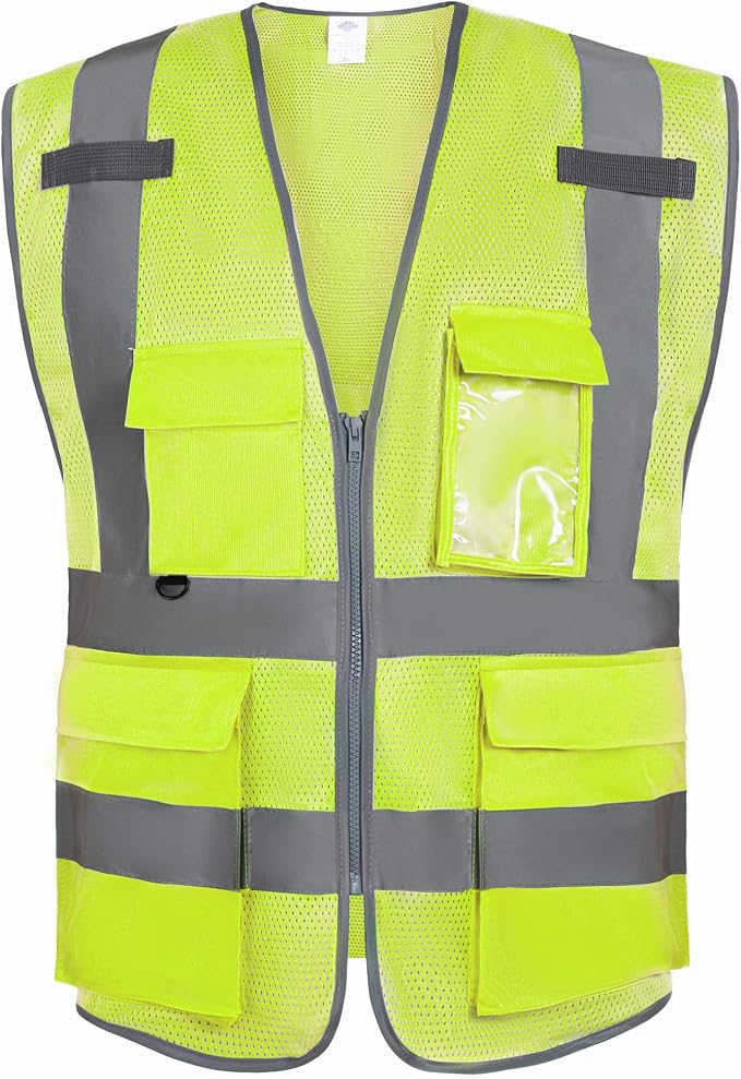 Dazonity High Visibility Mesh Safety Vest with Multi Pockets and Zipper, Fit for Men & Women, Work, Construction, Surveyor