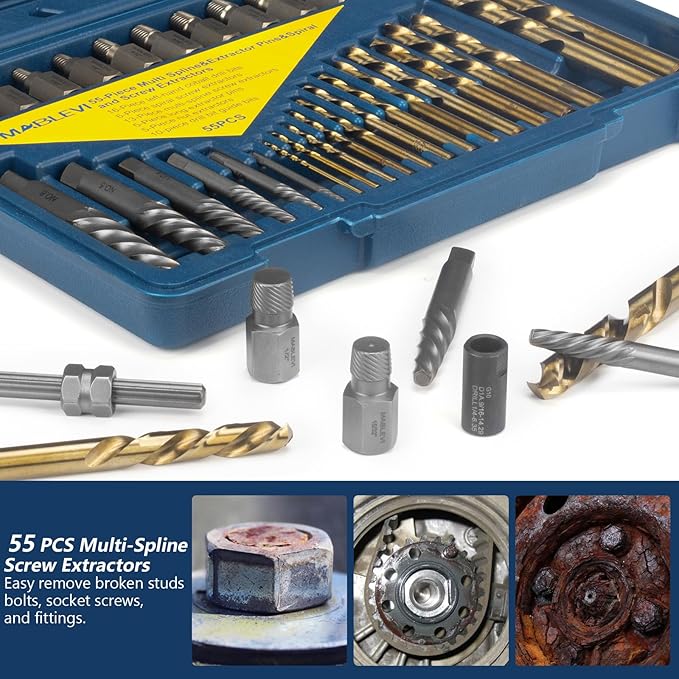 MABLEVI 55-Piece Screw Extractor Set, Broken bolt extractors & Multi-spline Extractors, and Drill Bits for Removing Stripped Screws, Studs, Fittings, Lugs Extraction