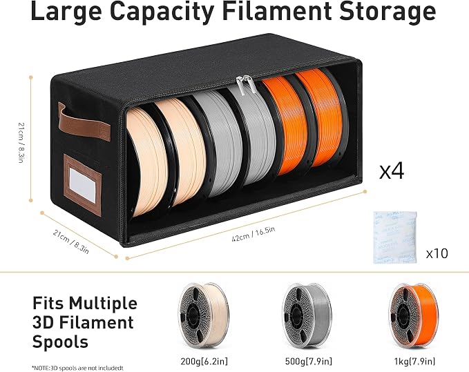 Filament Storage Box 4-Pack, Stackable 3D Printer Filament Storage Container with Reinforced Metal Frame, Visible Window and 10 Desiccant Packs, Holds up to 24 Rolls for Workshop & Studio