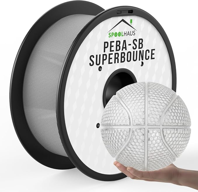 PEBA Filament 1.75mm Full 1kg SpoolHaus Super Bounce | High Rebound Flexible Filament | The Super TPU 78% Energy Return | Bouncy Airless Basketball 3D Printer Filament Lightweight Transparent 1kg
