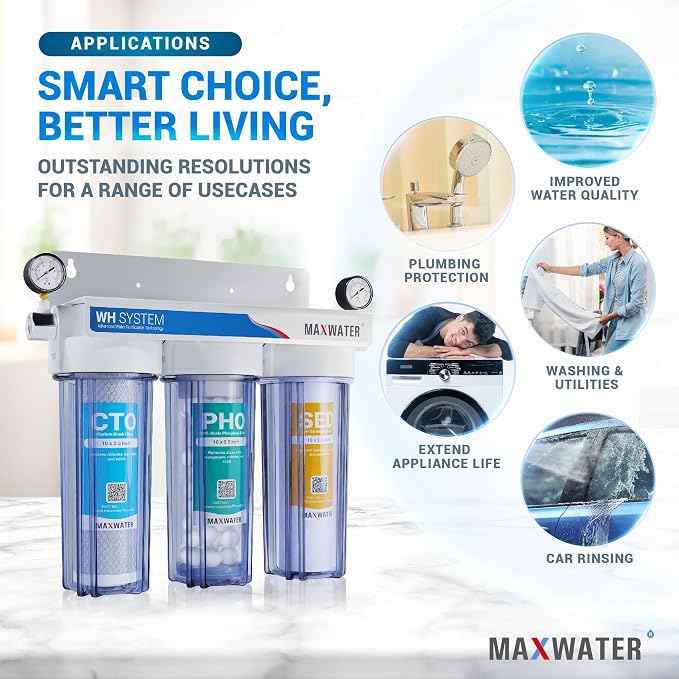 Max Water 3 Stage (Good to Protect Home from Scale & Corrosion) 10 inch Standard Water Filtration System for Whole House - Sediment + Anti Scale + CTO Post Carbon - 3/4" Inlet/Outlet - Model : WH-SC1