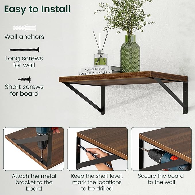 Floating Shelves 12 Inch Deep, 24W x 12D Wall Shelf Set of 2, 50 lbs Heavy Duty Reversible Metal Brackets, Deep Industrial Book Shelf for Living Room Kitchen Bath Bedroom Coffee Bar, Walnut
