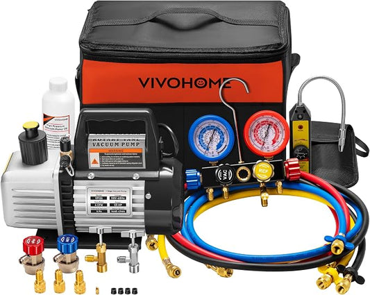VIVOHOME Upgraded 4CFM 1/3 HP 1-Stage HVAC Vacuum Pump and 4 Way AC Manifold Gauge Set with Leak Detector 5ft Hoses for R134a R12 R22 R502 R410a, Mini Split & Car Air Conditioner Maintenance