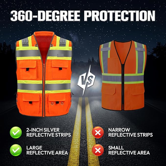Surveyor Safety Vest with 8 Pockets, ANSI Class 2 High Visibility Vest for Men & Women