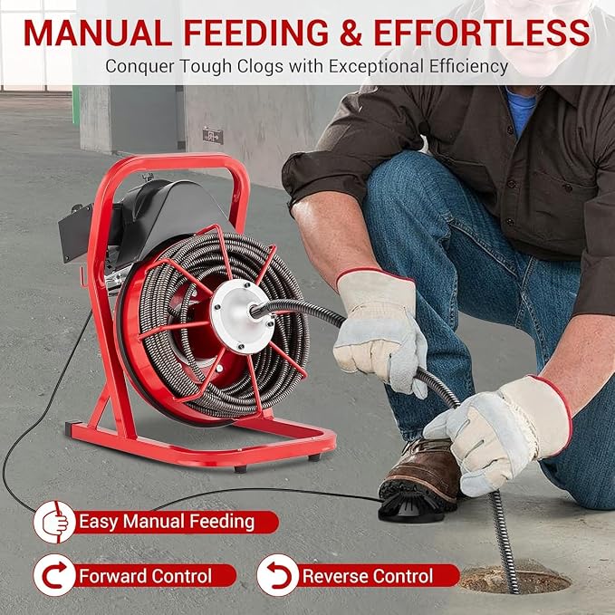 Garvee 75FT x 1/2 Inch Drain Cleaner Machine, Portable Drain Cleaning Machine Snake with 6 Cutters & Foot Switch for 1" to 4" Pipes, Heavy Duty Sewer Auger for Sinks, Toilets, Showers