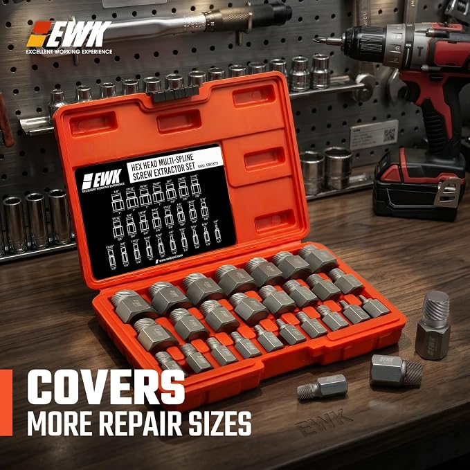 EWK 25-Piece Multi-Spline Screw Extractor Set, CR-MO Easy Out Bolt and Screw Remover for Stripped Screws, Rounded Bolts, Damaged Hex Heads, Broken Studs, and Rusted Fasteners