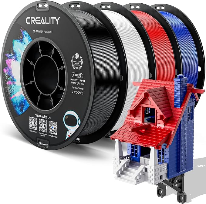 CREALITY PETG Filament 1.75mm 3D Printer Filament Bundle, 4kg (8.8lb) Neatly Wound Spool, Dimensional Accuracy ±0.03mm, 2026 Latest Batch, Fit for Most FDM 3D Printers, Black+White+Red+Blue