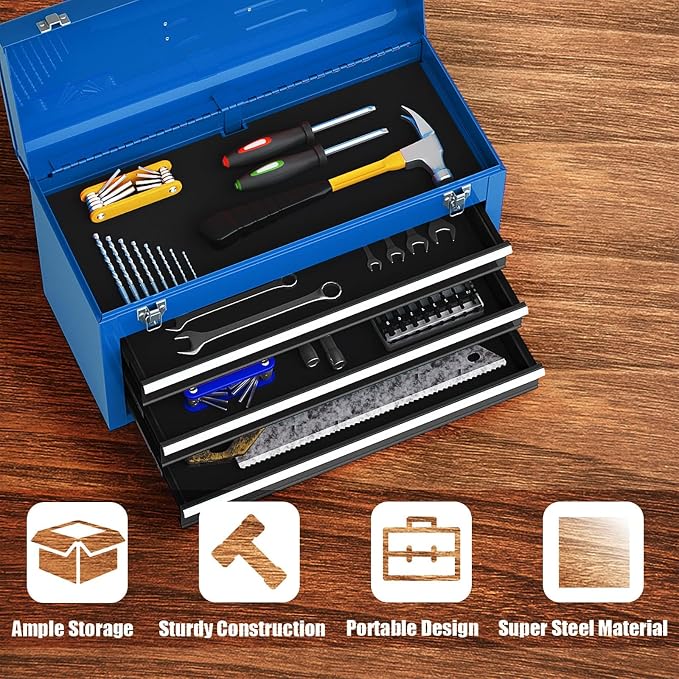 ERGOMASTER Portable Tool Box, Metal Tool Box with 3 Drawers, Lockable Heavy Duty Tool Chest Storage Toolbox for Garage, Workshop (Blue)