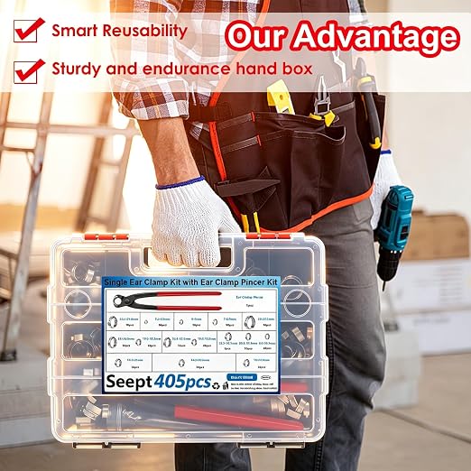 405Pcs 15-Sizes 304 Stainless Steel Single Ear Hose Clamps with Ear clamp plier 5.3-36.1mm Crimp Hose Clamps Assortment Kit for Auto/Home Appliance/Pipe/Fuel Line