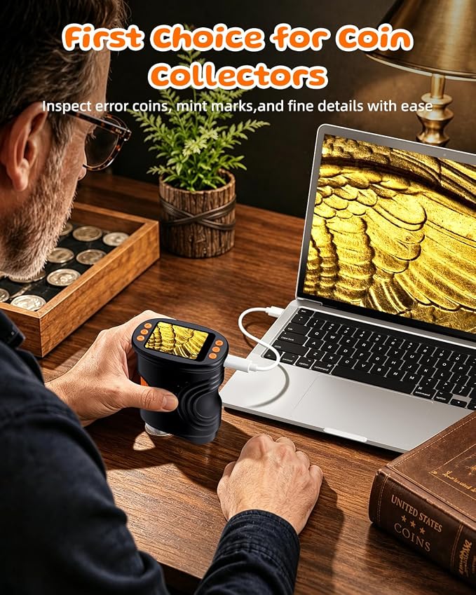 1000X Coin Microscope with Lights, Digital Handheld Coin Magnifier with 8 Adjustable LED Light, Portable Rechargeable Pocket Microscope Compatible with Windows/Mac, Black