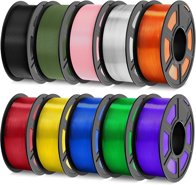 TECBEARS PETG Filament 1.75mm, 3D Printer Filament Bundle 10KG, 1kg per Spool, 10 Colors (Black, Olive Green, Sakura Pink, Transparent), Clear(Yellow+Blue+Green+Purple+Red+Orange)