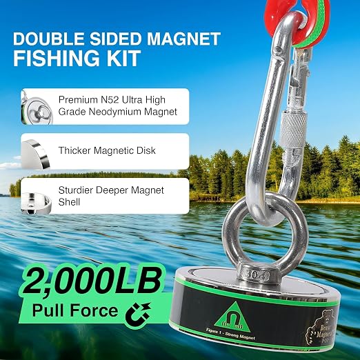 2000LB’s Complete Magnet Fishing Kit | Double Sided Fishing Magnet Kit with Case | Includes Strong Neodymium N52 Magnets, Durable 65ft Rope, Carabiner, Gloves, Grappling Hook & Carry Case