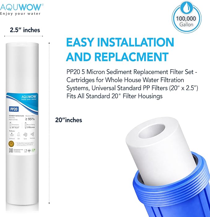PP20 5 Micron 2.5" x 20" Filter Set – Sediment Replacement Cartridges for Whole House Water Filtration Systems, Universal Standard PP Filters (6, 20 x 2.5)