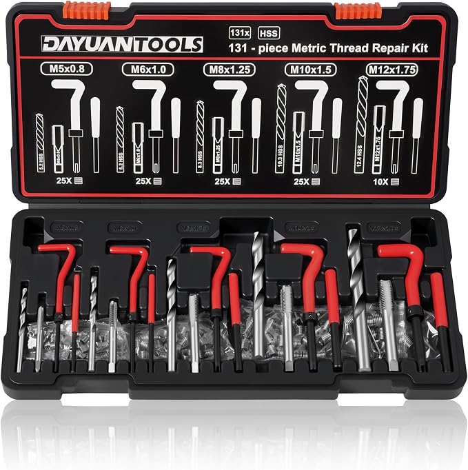 DAYUAN 131Pcs Metric Helicoil Thread Repair Kit, HSS Drill Heli Coil Repair | M5-M12 Sizes，HSS Drill Bits & Taps，Stainless Steel Inserts，Repairs Stripped Threads，Storage Case