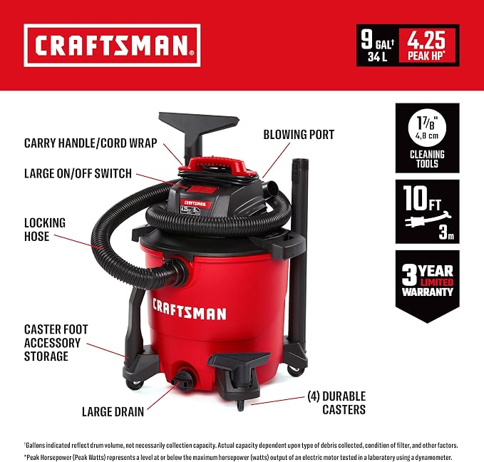 CRAFTSMAN CMXEVBE18690 9 Gallon 4.25 Peak HP Wet Dry Shop Vacuum