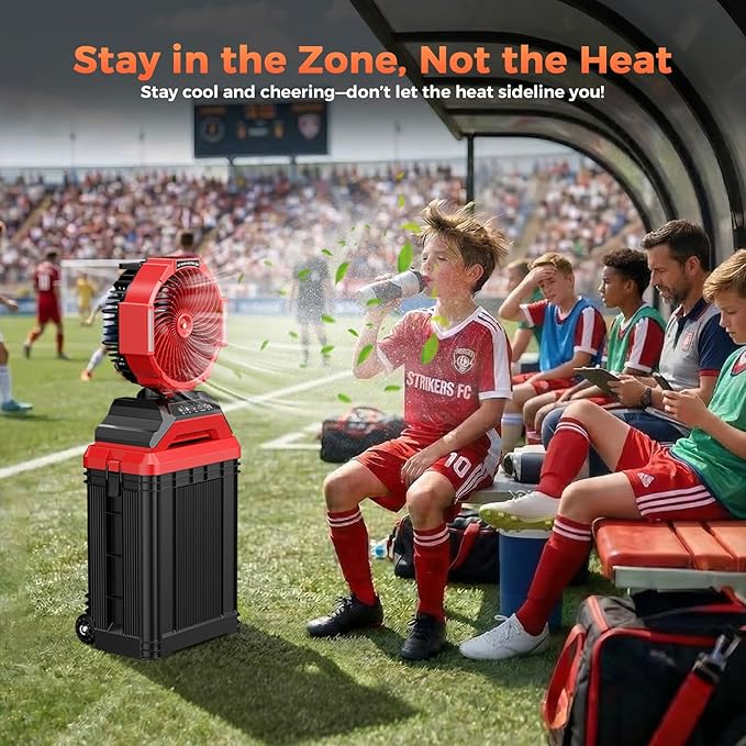 Portable Misting Fan with Wheels, 2-in-1 Rolling Mist Fan with Large Water Tank, 30000mAh Rechargeable Battery Operated Cooling Station with Remote for Golf Cart, Patio, Camping, Outside & Travel