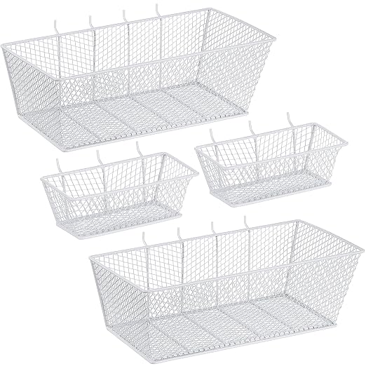 Sieral 4 Pcs Pegboard Baskets Metal Wire Shelf Baskets Peg Board Organizer Accessories Wall Mount Organizer Attachments for Garage Workbench Various Tool Accessories, 2 Sizes (White,Small, Large)