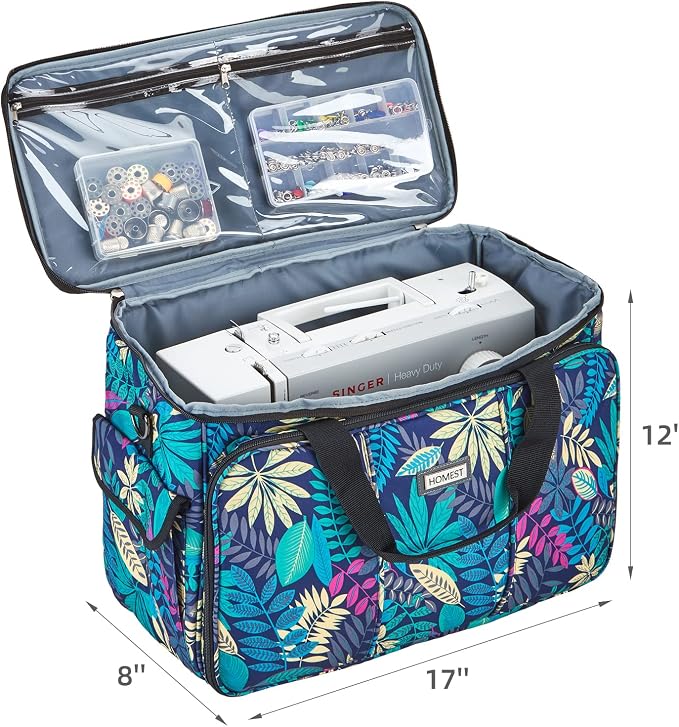 HOMEST Sewing Machine Carry Case, with Shoulder Strap and Front Pocket | Fits most standard Singer, Brother and Janome machines, with storage pockets for sewing accessories and tools, Floral
