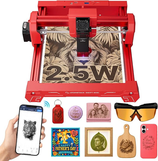 ATOMSTACK Swift 2.5W Laser Engraver Mini, Laser Engraving Machine for Wood Leather Acrylic, Desktop Laser Cutter, Fully Assembled, WiFi & USB, AI Software, 135×145mm Work Area, Red, 2500mW | No Assembly AI Design Tools Multi-Material Engraving App & PC...