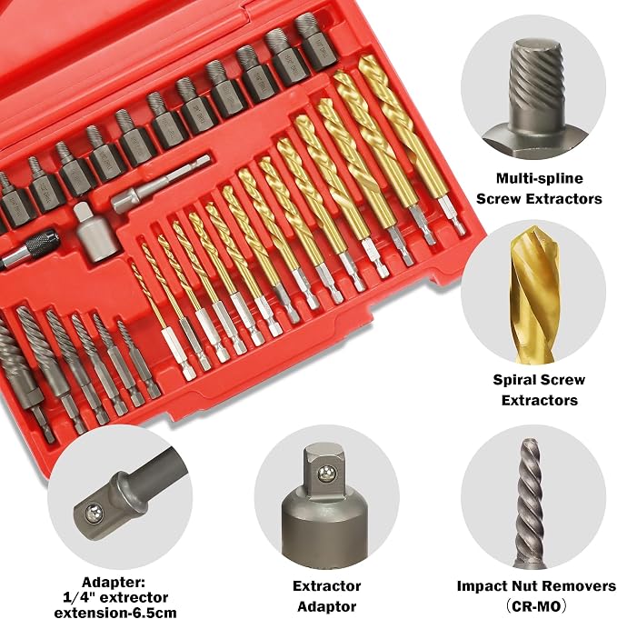 40Pcs Screw Extractor Set, Left Hand Drill Bit Set 6542/4341 HSS, Easy Out Bolt Extractor Set with Hex Adapter, Multi-Spline Stripped Bolt Remover for Broken Rusted Nuts Screws, Bolts, Studs
