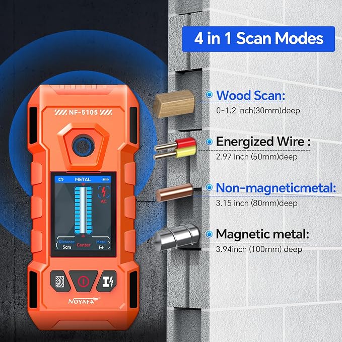 NOYAFA Rechargeable Stud Finder Wall Scanner, 6 in 1 Electronic Wall Detector | Positioning Hole HD LCD Display, Audio Alarm, Accurately Detects Wood, Metal Studs, Live AC Wires, Joists and Pipes