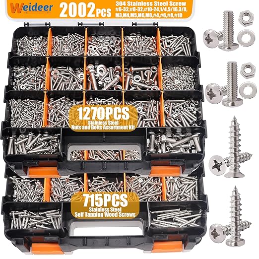 weideer 2002PCS Hardware Assortment Kit, 304 Stainless Steel Metric & SAE Screw Assortment Kit,#6-32,#8-32,#10-24,1/4,5/16,3/8,M3,M4,M5,M6,M8,#4,#6,#8,#10 Nuts Bolts Washers,Double Sided Organizer Box
