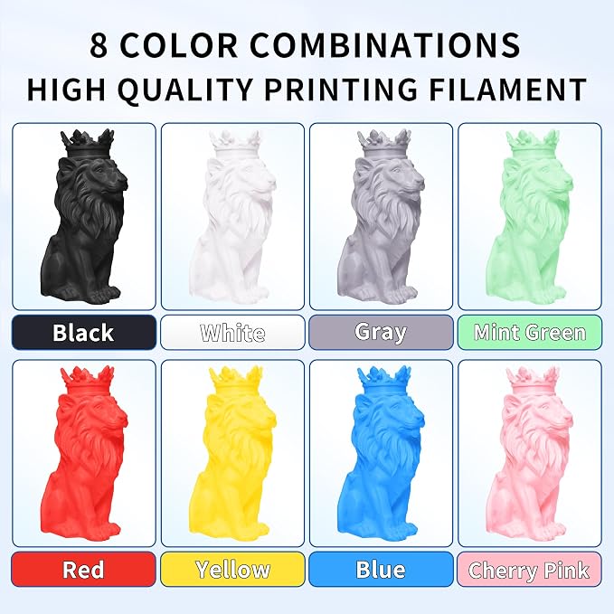 RAMBERY 500gx8 PLA+ Filament Bundle 1.75mm, 8 Colors PLA Plus 3D Printing Filaments Dimensional Accuracy +/- 0.02mm, 8 Pack 500g Spools, Black/White/Red/Yellow/Gray/Blue/Pink/Mint Green