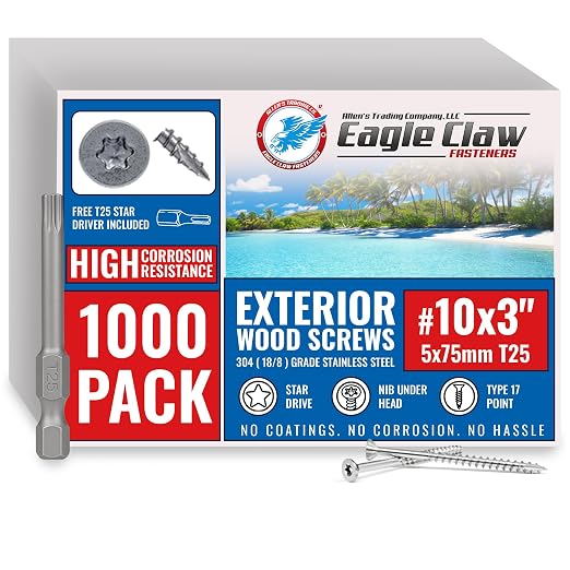 #10 x 3 Inch Stainless Steel Deck Screws | 304 Grade (1000 Pack) | Flat Head T25 Star Torx Drive | Stainless Steel Screws by Eagle Claw Fasteners | Corrosion & Rust Resistant (Includes Driver Bit)