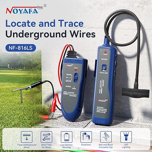 NOYAFA Underground Wire Locator - Circuit Tracer Pet Fence, Electrical, Network & Irrigation Wires, Rechargeable Lithium Battery, LED Flashlight, Easy Cable Break Detection, NF-816LS