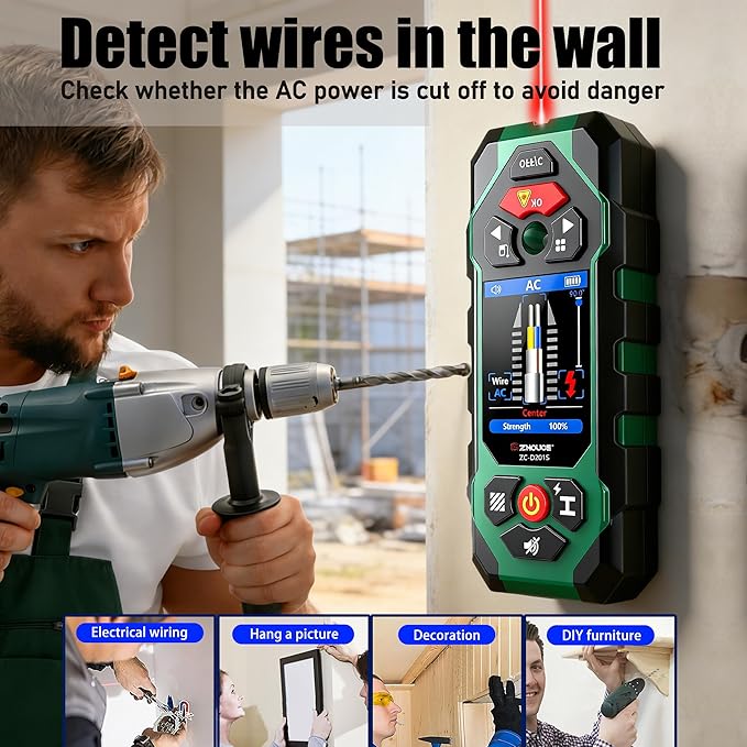 Stud Finder Wall Scanner with Laser Measure and Level 10 in1 Wall Detector Precisely Locates Wooden Studs/Metal Pipes/AC Power Stud Detector Beam Finders Studs Joist Pipe Edge of Wood LCD Display