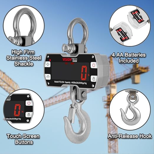 VisionTechShop Digital Crane Scale, VTS-ES4 4400lb/2000kg Heavy Duty Compact Hanging Industrial Scale with Remote Control, Large LED Display, Smart Accuracy for Farm, Factory, Construction