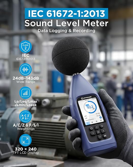 CRY2832-2 Lite Data Logging Sound Level Meter, 24-143dBA,Leq/Lmax/Lmin/Lpeak,Data Record&Export, USB/RS232, Professional Noise Monitoring and Desktop Review for Long-Term Noise Tracking