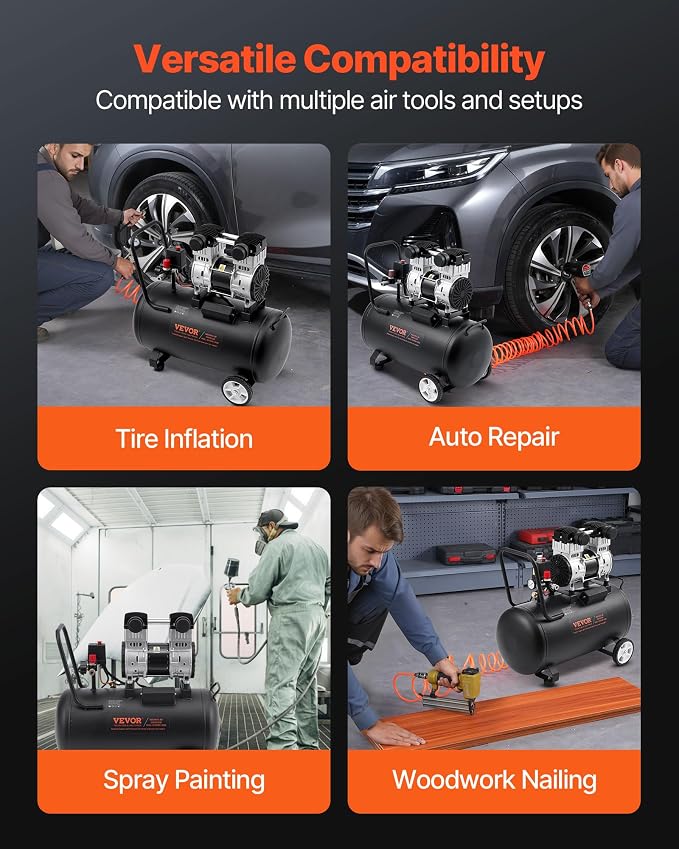VEVOR Air Compressor, 15 Gallon Steel Tank, 2HP 5.3 CFM@90 PSI Oil Free Air Compressor & Max. 125PSI Pressure, 78dB Ultra Quiet Portable Compressor, for Auto Repair, Tire Inflation, Spray Painting