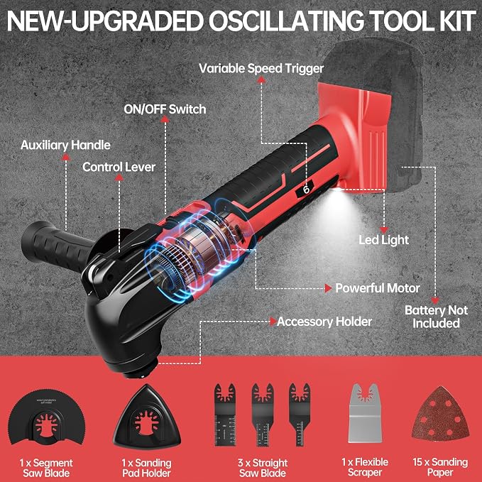 Cordless Oscillating Tool for Milwaukee 18V Battery(No Battery), 6 Variable Speed Brushless-Motor Tool, 22Pcs Multi Tool Kit, Oscillating Saw for Scraping, Sanding, Cutting Wood