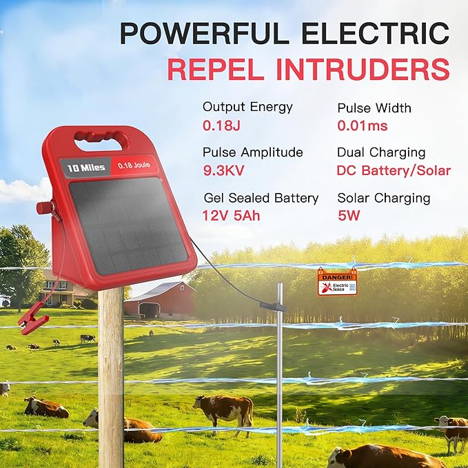 Solar Electric Fence Charger-0.18J-10 Miles, Maximum Output Voltage 9300V- Provide 24-Hour Uninterrupted Protection for Livestock and Yards with Rechargeable Solar Panel Red