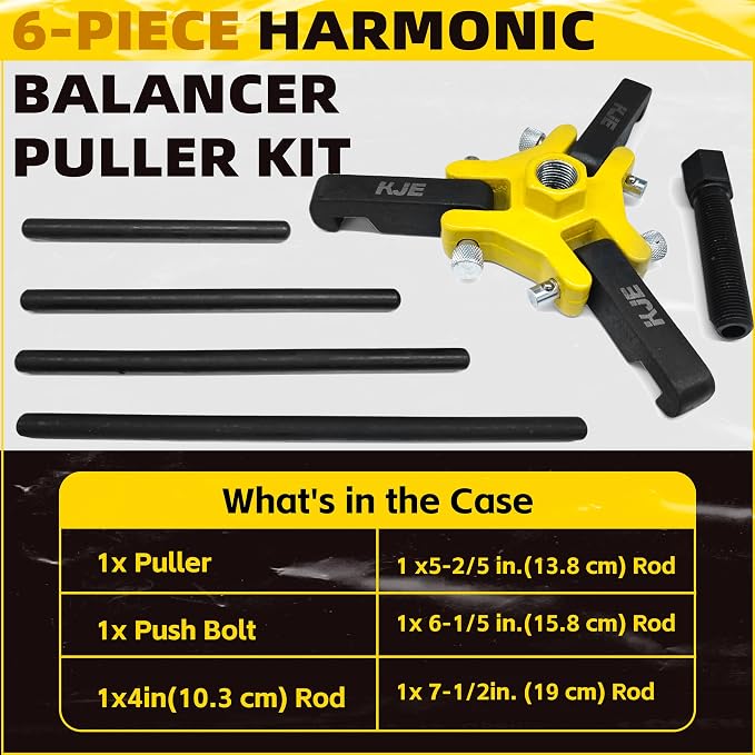 KJE Harmonic Balancer Puller Kit – Adjustable 3-Jaw Puller Set for Removing Harmonic Dampers & Balancers -Includes 3/8” Square Drive Forcing Screw & 4 Rods