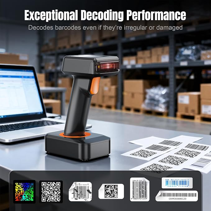 Tera Pro 1D 2D QR Wireless Barcode Scanner with Display Screen Battery Level Indicator Time Display Works with Bluetooth with Charging Cradle Base for Warehouse Supermarket Library HW0006 Pro